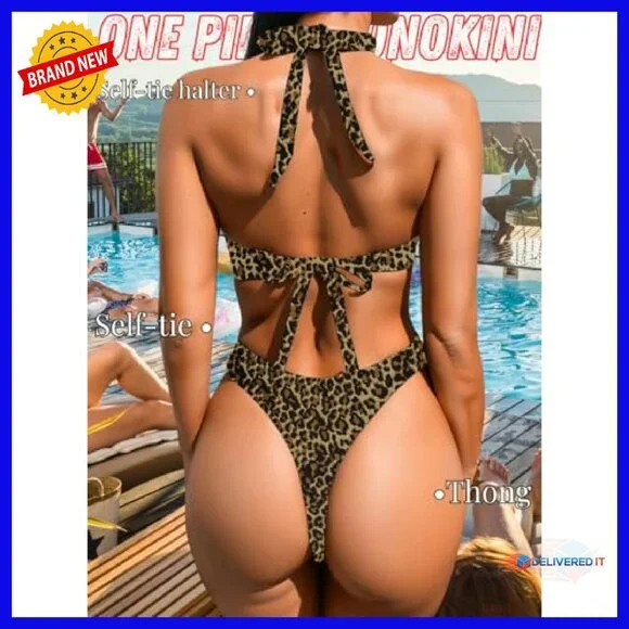Sexy Halter Monokini Swimsuit with Removable Pads, Thong Back